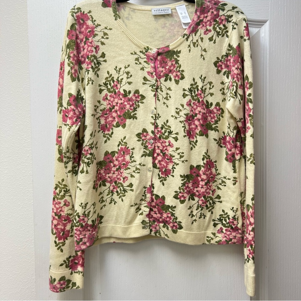 Villager Floral Long Sleeve Knit Cardigan Sweater Sz XL
